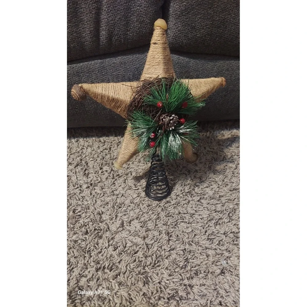 Rustic Jute Burlap Brown Star Snowflake Christmas Tree‎ Topper Holly Greenery